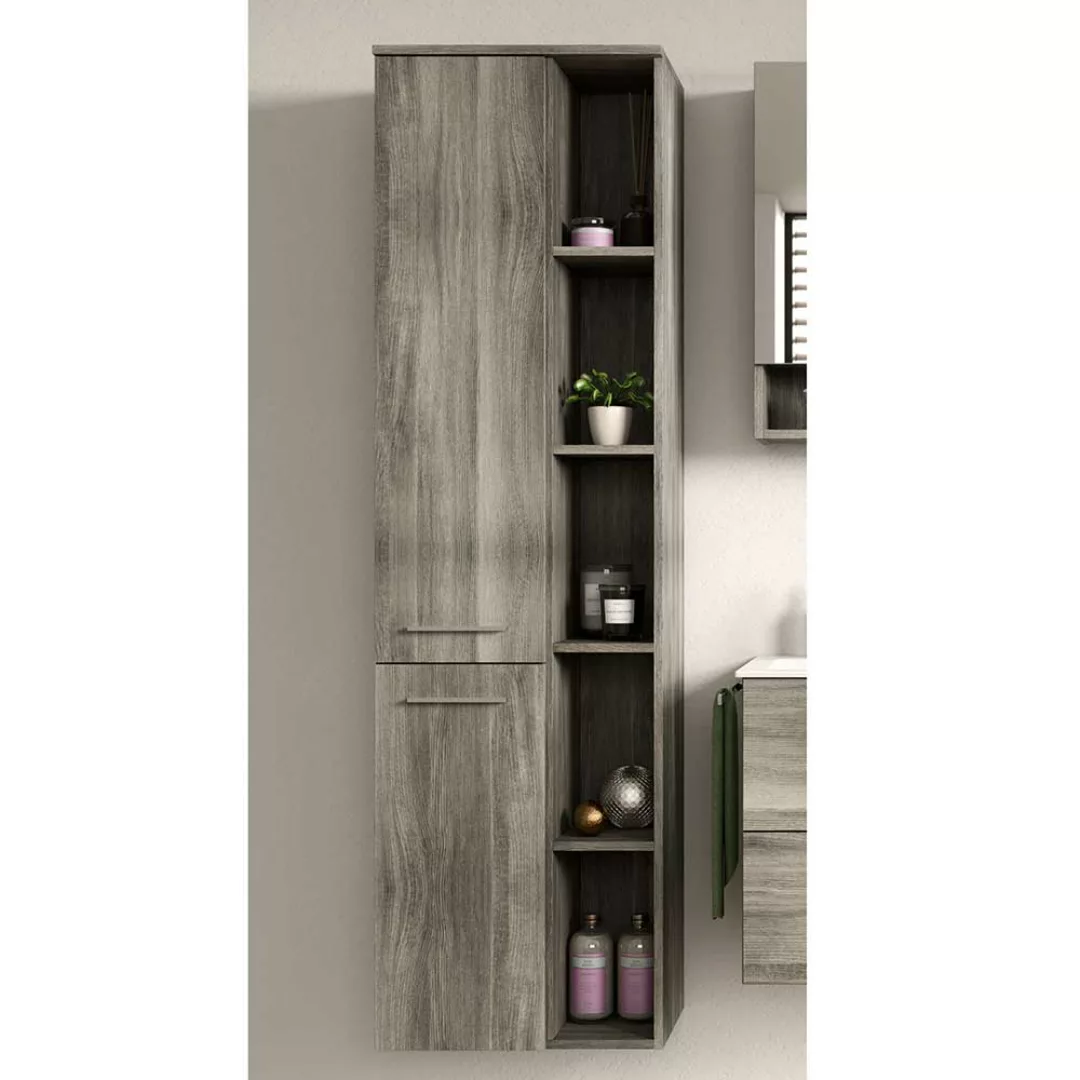 Midischrank Bad hängend 174 cm hoch Holzoptik Rauchgrau Touchwood günstig online kaufen