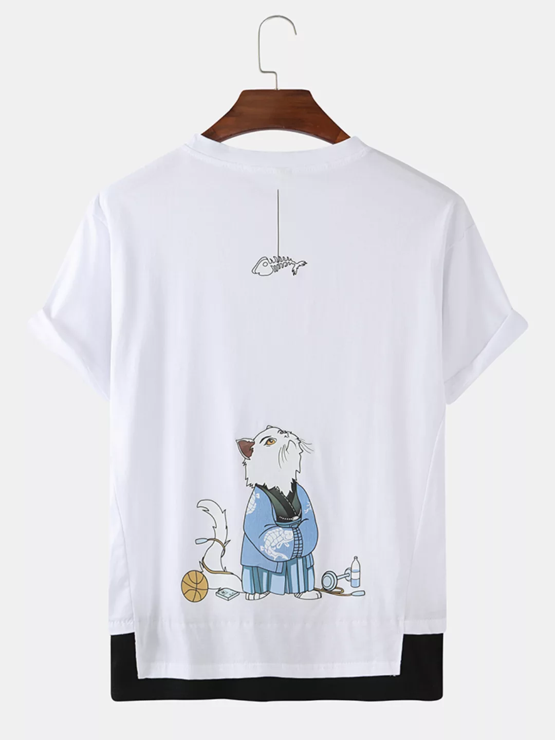 Herren Solid Color Cartoon Katze Drucken Atmungsaktive Loose O-Neck T-Shirt günstig online kaufen