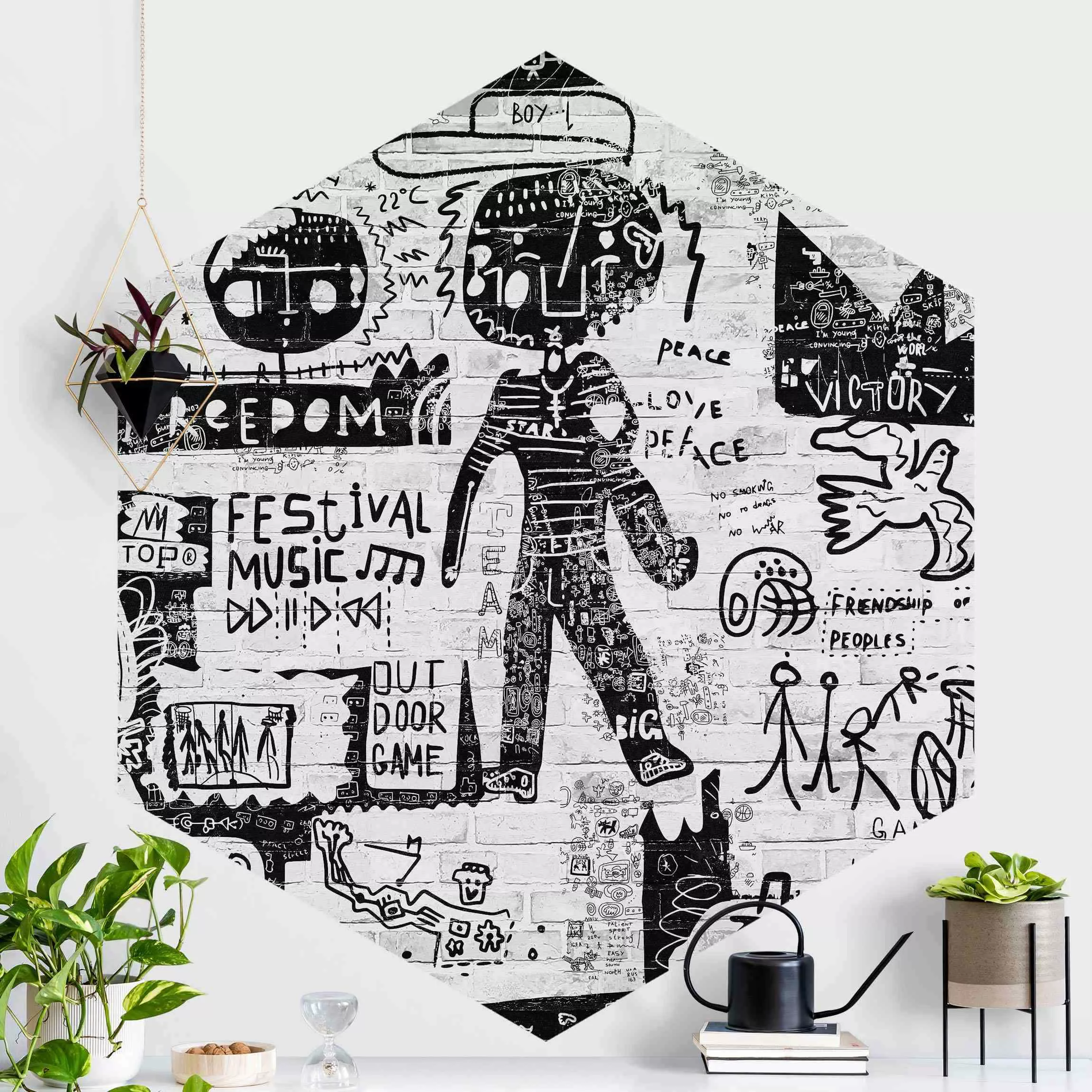 Hexagon Mustertapete selbstklebend Abstract Graffiti Art Schwarz Weiß günstig online kaufen