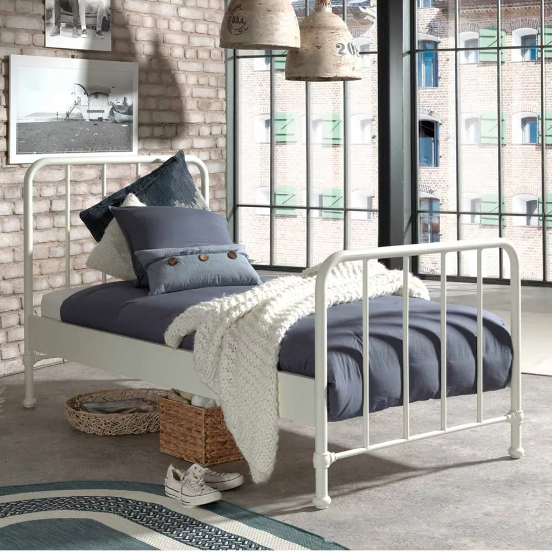 Retro Einzelbett aus Metall Weiß pulverbeschichtet günstig online kaufen