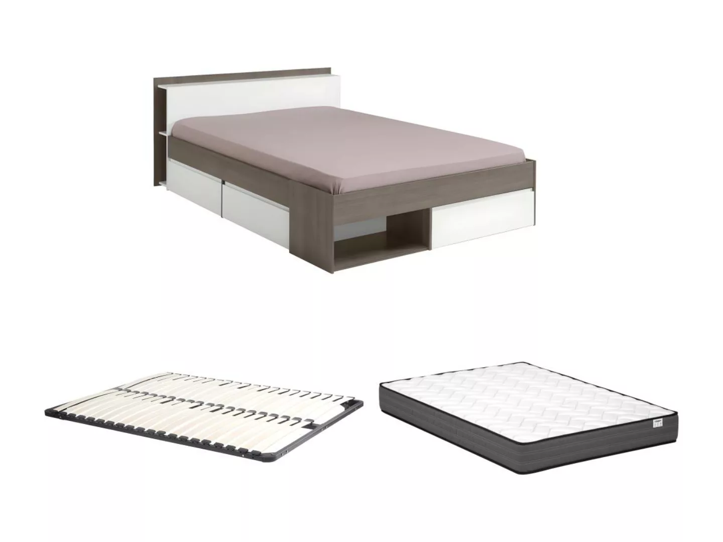 Bett mit Stauraum + Lattenrost + Matratze - 140 x 200 cm - Taupe & Weiß - D günstig online kaufen