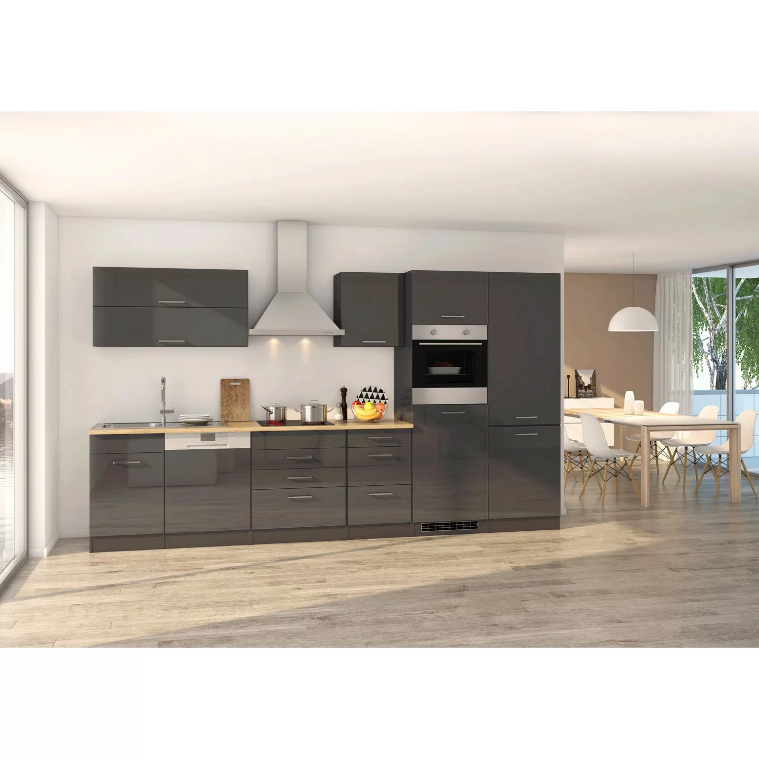 Held Möbel Küchenzeile Mailand 360 cm Grau Hochglanz-Grau Matt ohne E-Gerät günstig online kaufen