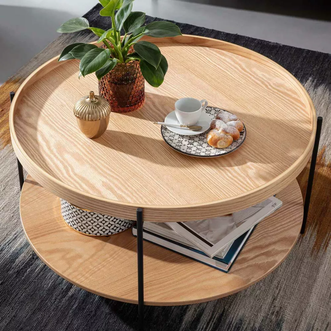 Sofa Tisch in Eichefarben Metall Vierfußgestell Schwarz günstig online kaufen