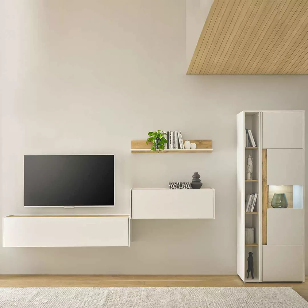 Wohnzimmerwand mit Sekretär in Weiß Wildeichefarben (fünfteilig) günstig online kaufen