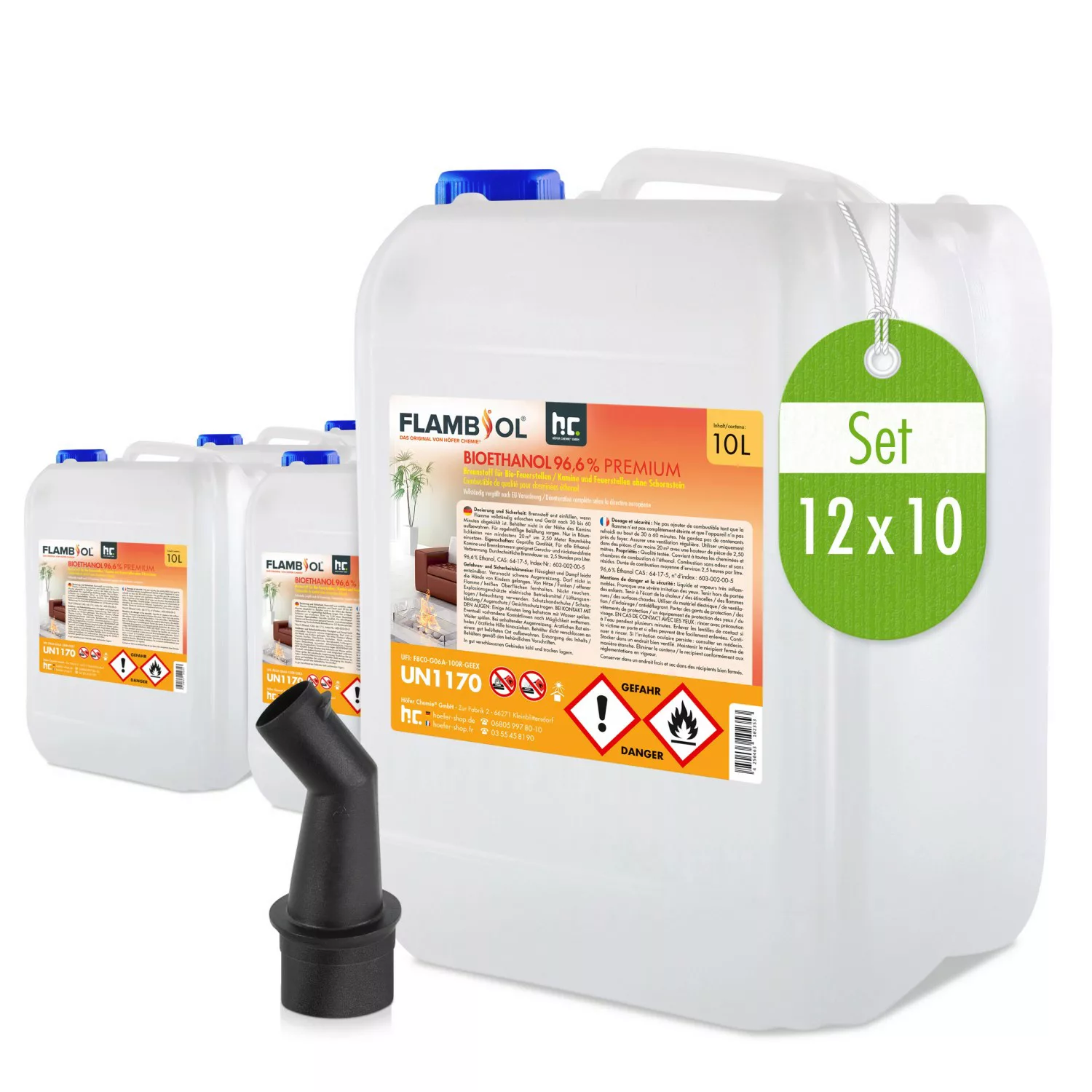 Flambiol Bioethanol 96,6% Premium für Ethanolkamin in Kanistern 12 x 10l günstig online kaufen