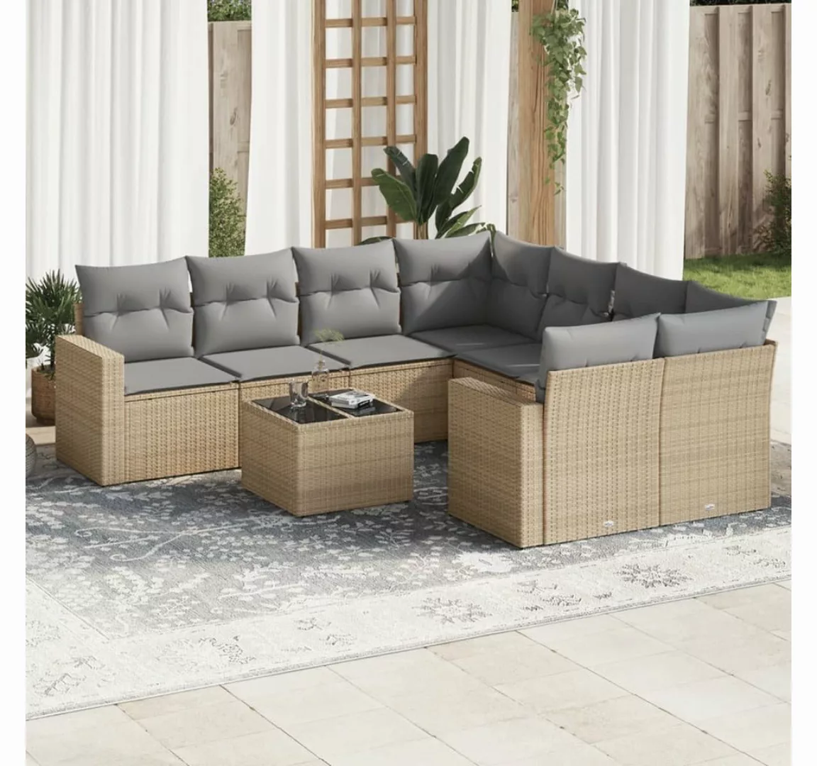 vidaXL Loungesofa 9-tlg. Garten-Sofagarnitur mit Kissen Beige Poly Rattan, günstig online kaufen