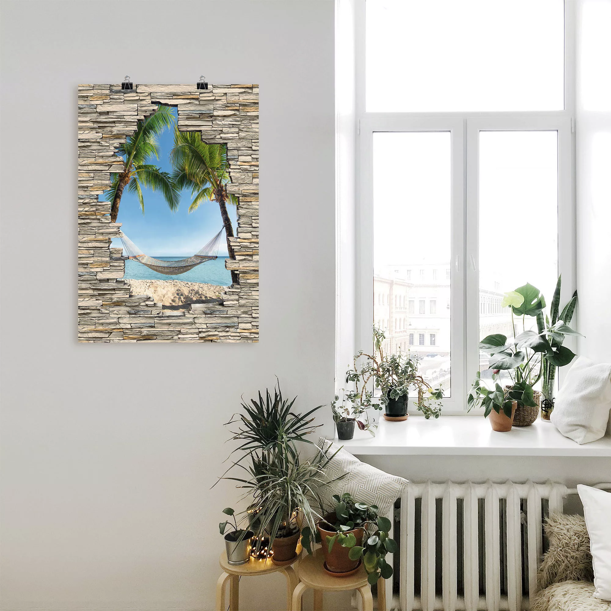 Artland Wandbild »Palmenstrand Karibik Hängematte Stein«, Karibikbilder, (1 günstig online kaufen