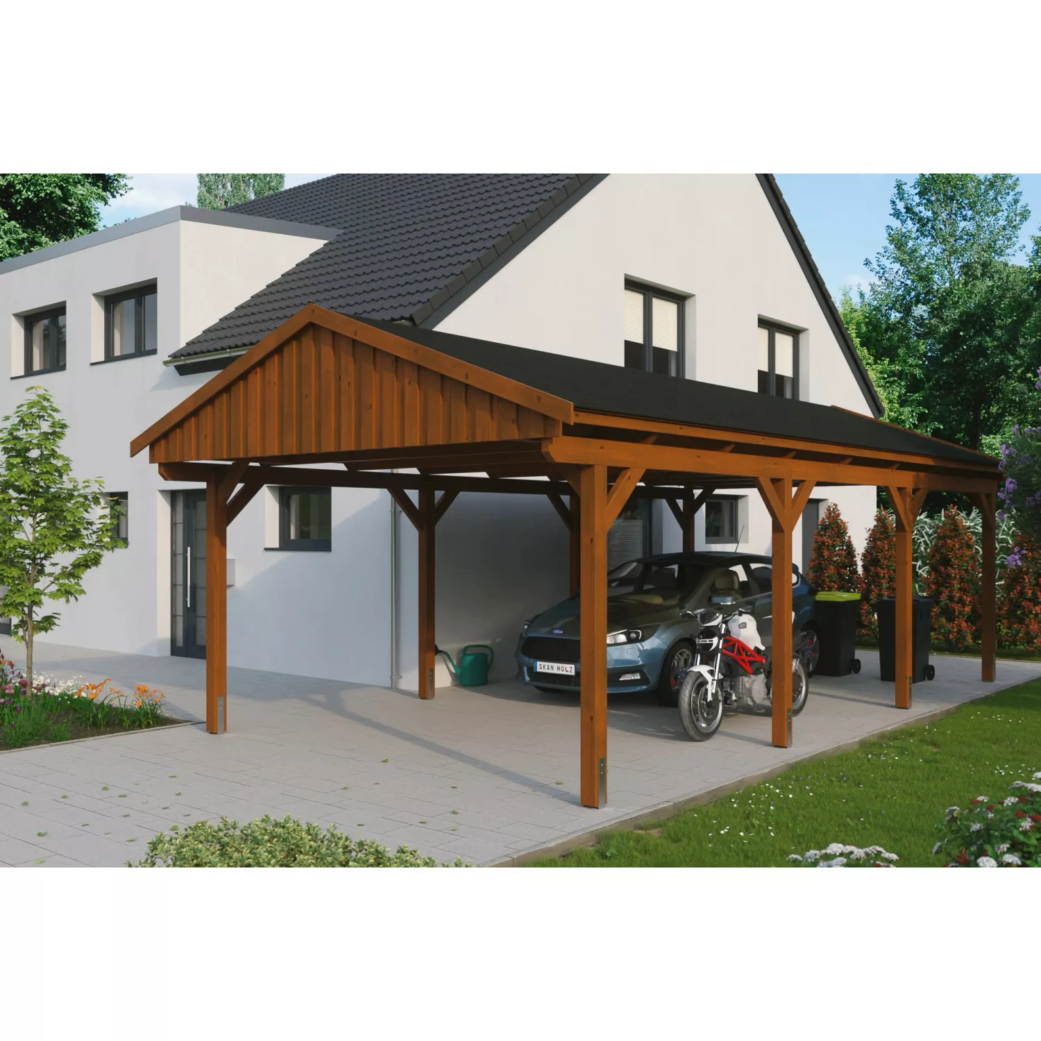Skan Holz Carport Fichtelberg 423 cm x 808 cm Schwarze Schindeln Nussbaum günstig online kaufen