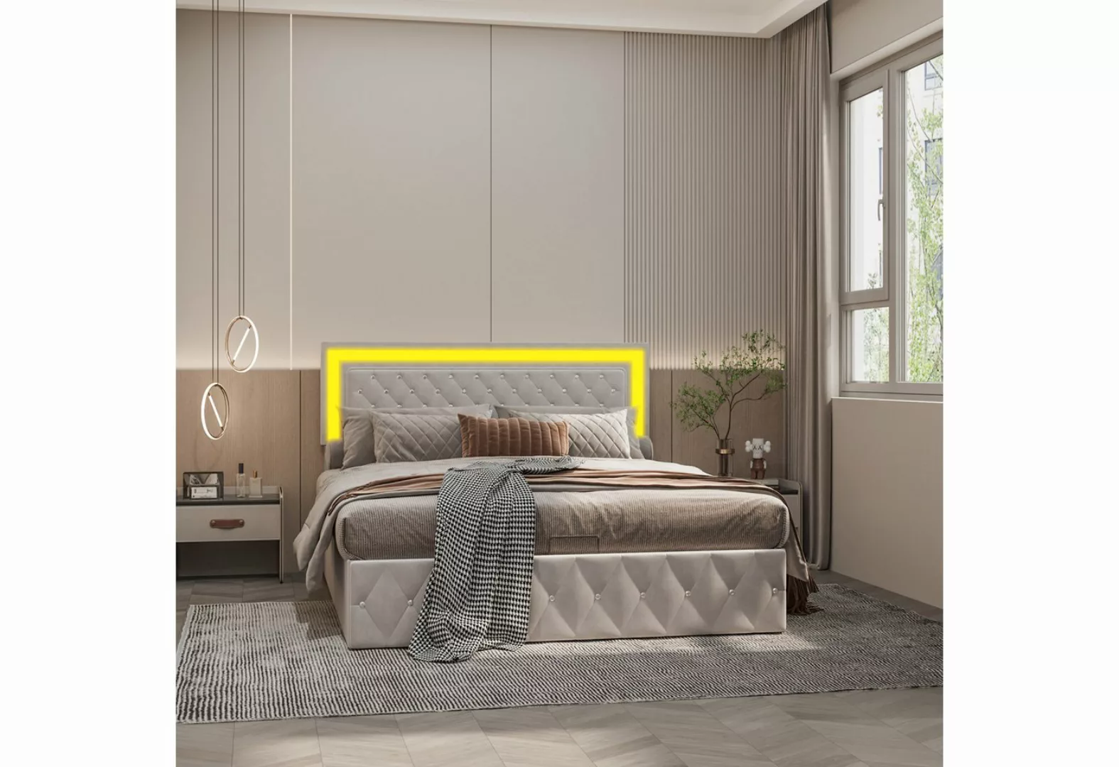 Furnishings Home Polsterbett Doppelbett Stauraumbett LED-Licht + Stauraum ( günstig online kaufen