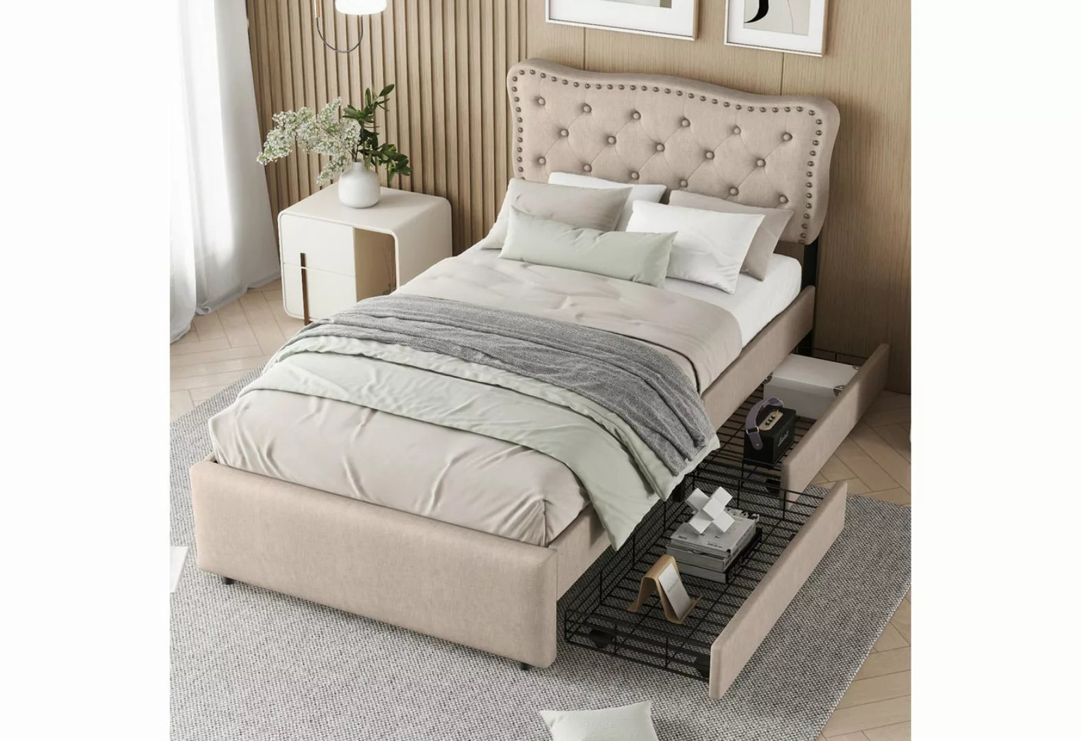 FUROKOY Polsterbett 90x200 cm flaches Bett Lagerungsbett Kopfteil mit dekor günstig online kaufen