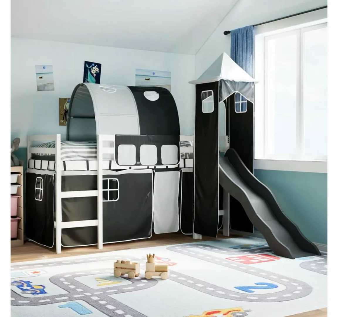 vidaXL Bett, Kinderhochbett mit Turm Weiß & Schwarz 90x190 cm Kiefernholz günstig online kaufen