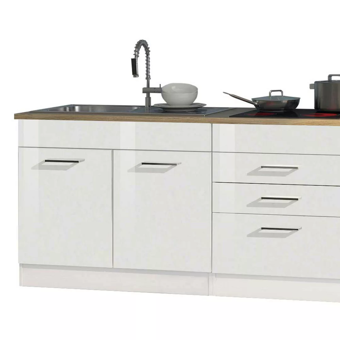 Küchenzeile in Hochglanz Weiß 320 cm breit (achtteilig) günstig online kaufen
