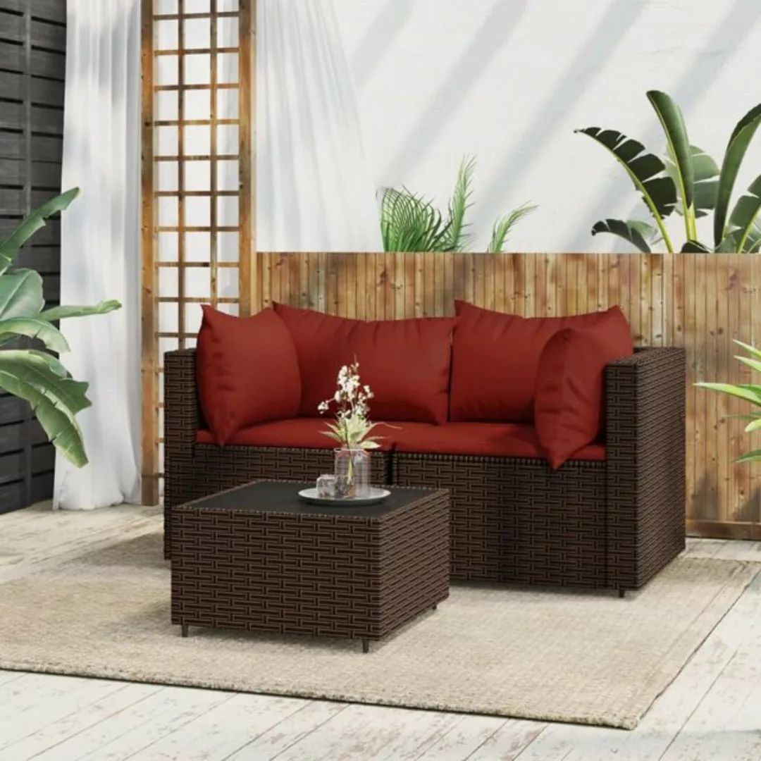 vidaXL Loungesofa 3-tlg. Garten-Lounge-Set mit Kissen Braun Poly Rattan, 1 günstig online kaufen