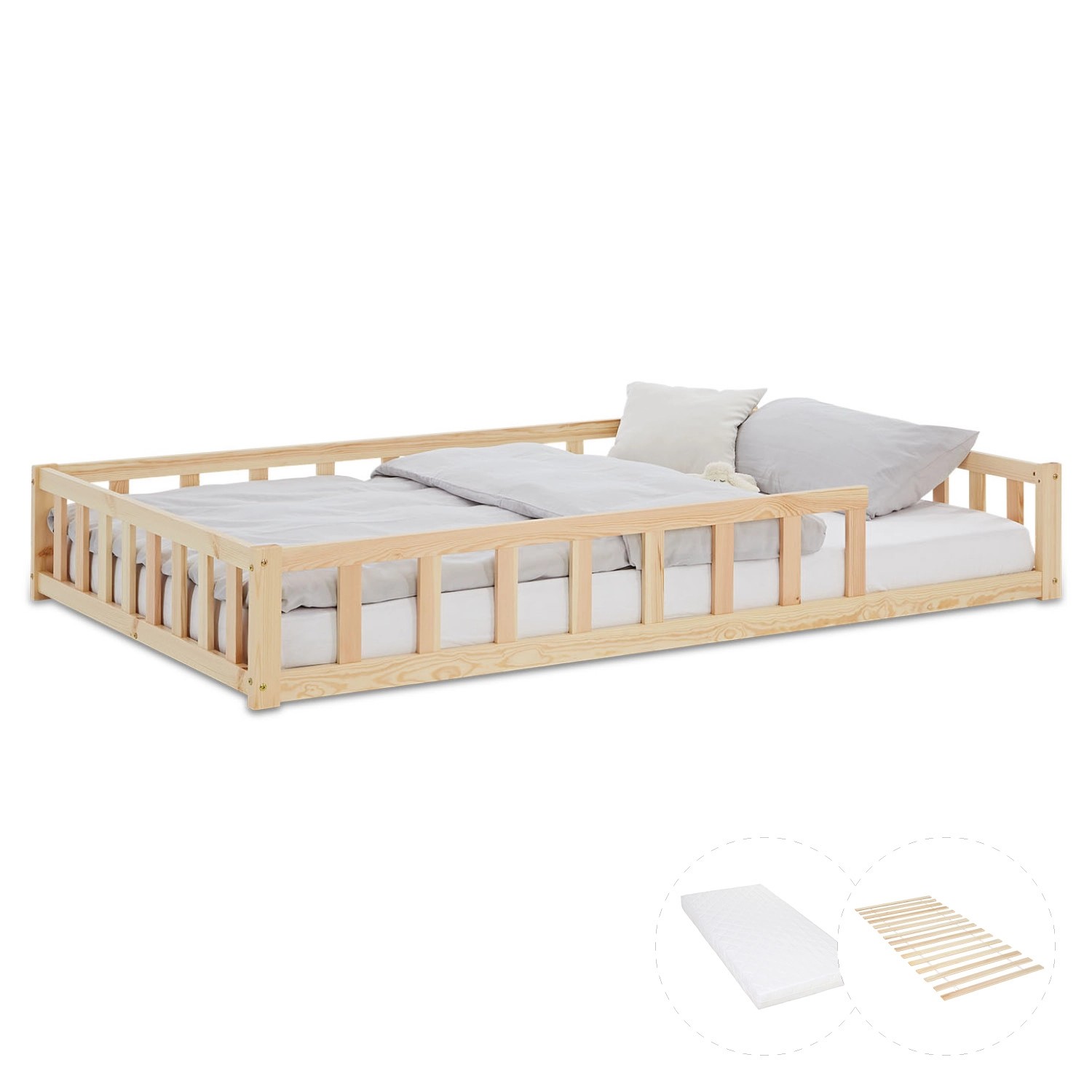 Homestyle4u Kinderbett Natur mit Rausfallschutz 120x200 cm Bodenbett Latten günstig online kaufen