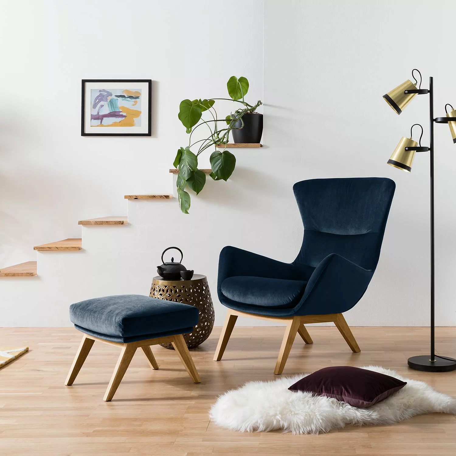 home24 Studio Copenhagen Sessel Hepburn I Dunkelblau Samt 84x99x96 cm (BxHx günstig online kaufen