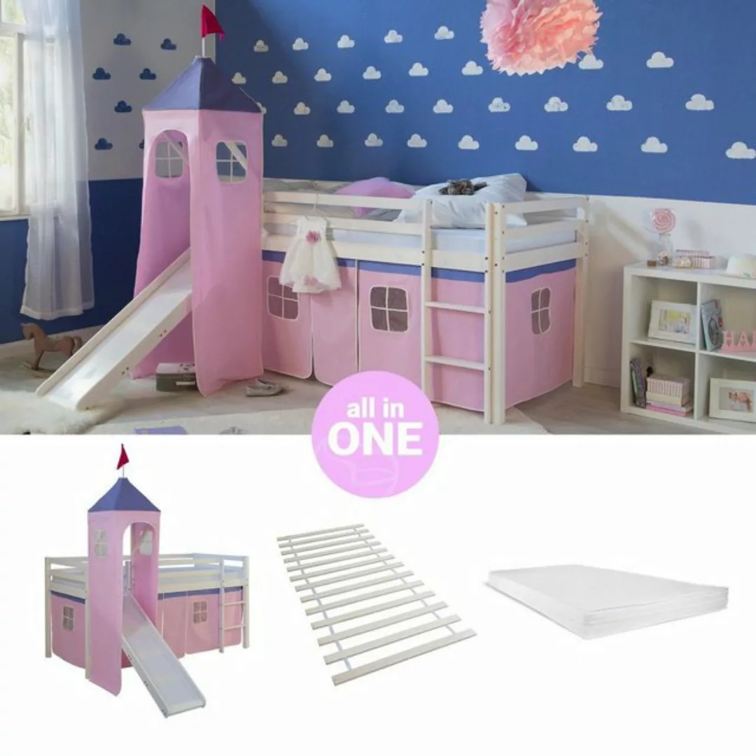 Homestyle4u Hochbett Kinderbett mit Leiter und Vorhang Weiß Rosa Holz Trepp günstig online kaufen