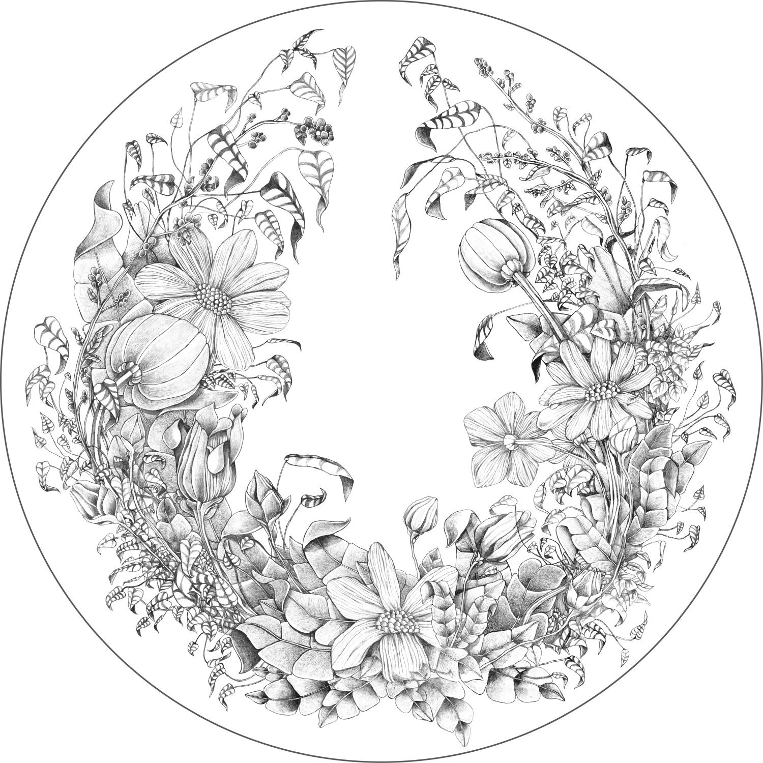 ESTAhome Selbstklebende Runde Tapete Blumenzeichnungen Schwarz-Weiß Ø 140 c günstig online kaufen