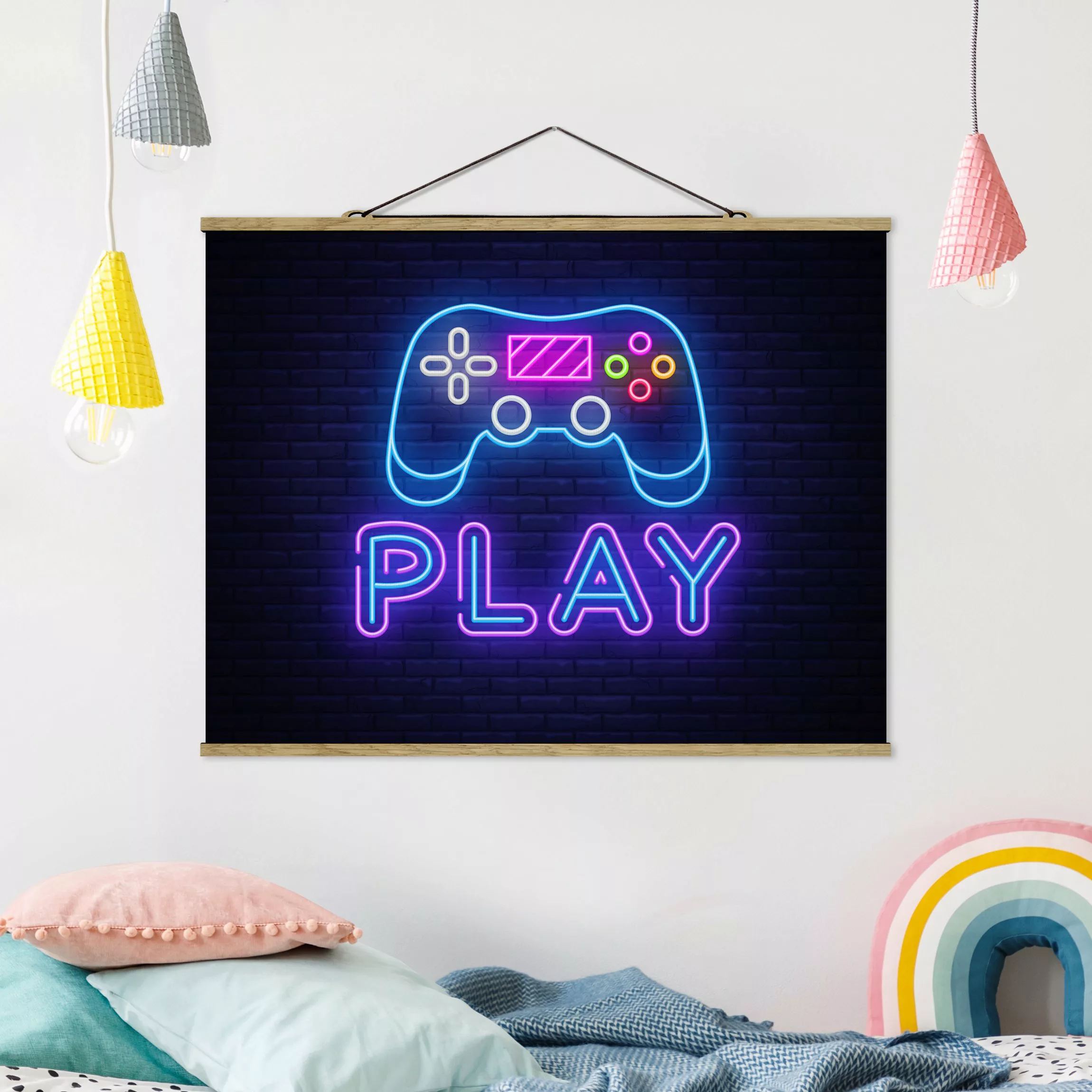 Stoffbild mit Posterleisten Neon Gaming Controller günstig online kaufen