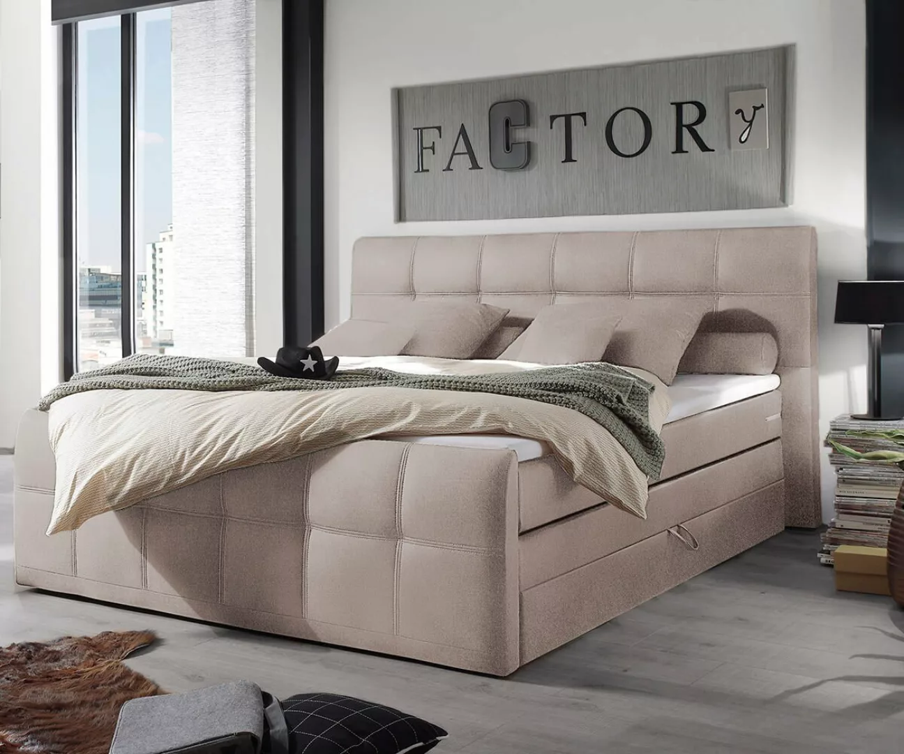 DELIFE Boxspringbett Sebastiano, Flachgewebe Beige 180x200 cm Bettkasten Bo günstig online kaufen