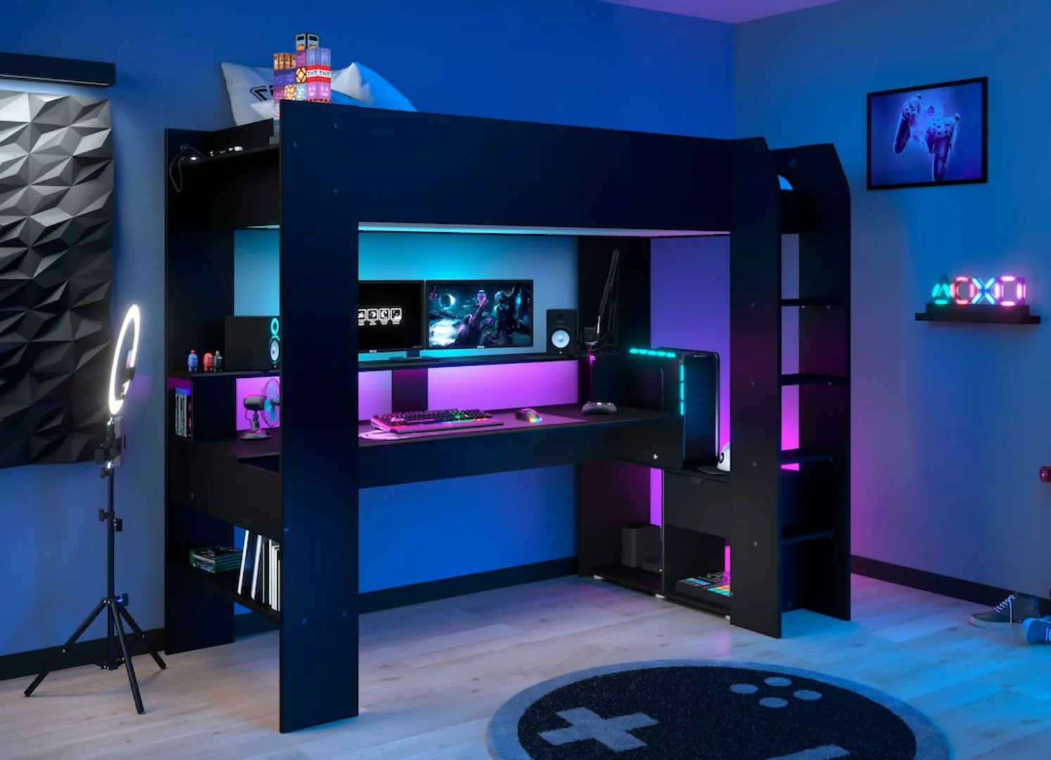 Parisot Hochbett »Gaming-Bett, mit Schreibtisch, USB Anschluss, LED, viel S günstig online kaufen