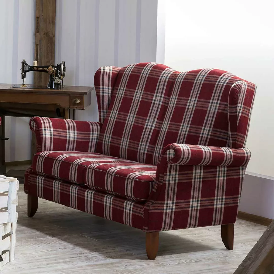 Zweisitzer Sofa Karo rot im Landhausstil Vierfußgestell aus Holz günstig online kaufen