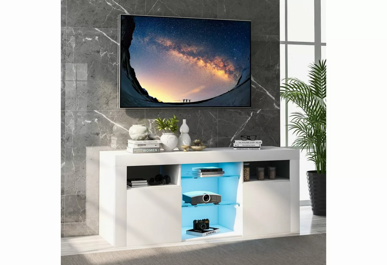OKWISH TV-Schrank TV-Tisch, TV-Ständer mit 2 Schränken mit Türen und 5 offe günstig online kaufen