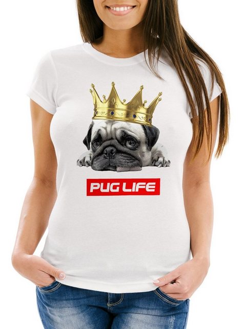 MoonWorks Print-Shirt Damen T-Shirt Pug Life Mops mit Krone Slim Fit Moonwo günstig online kaufen