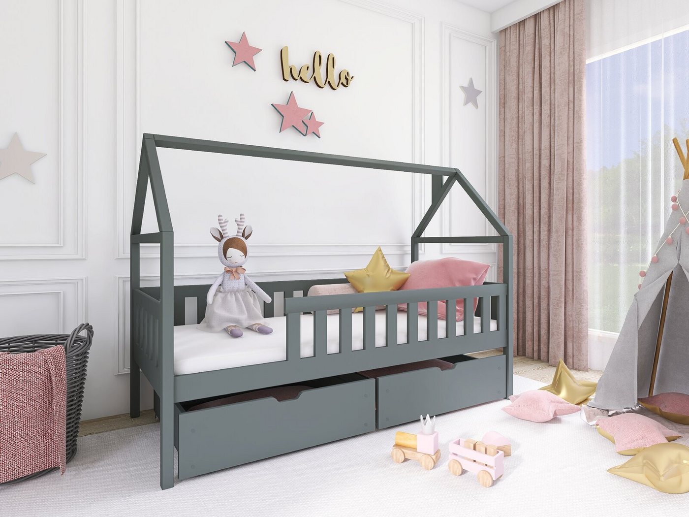 thematys Hausbett Montessori für Kinder 90x200cm 90x200 mit Rausfallschutz günstig online kaufen