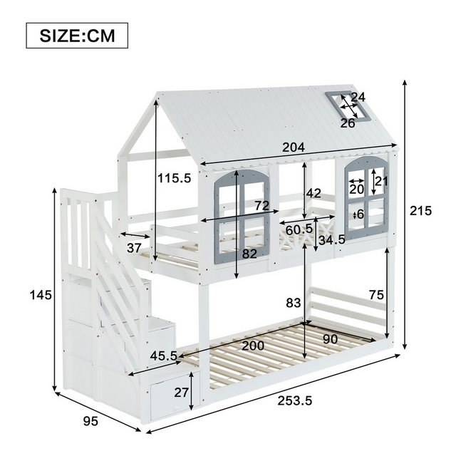 Flieks Etagenbett, Kinderbett 90x200cm mit Stauraumtreppe, Fallschutz, Dach günstig online kaufen