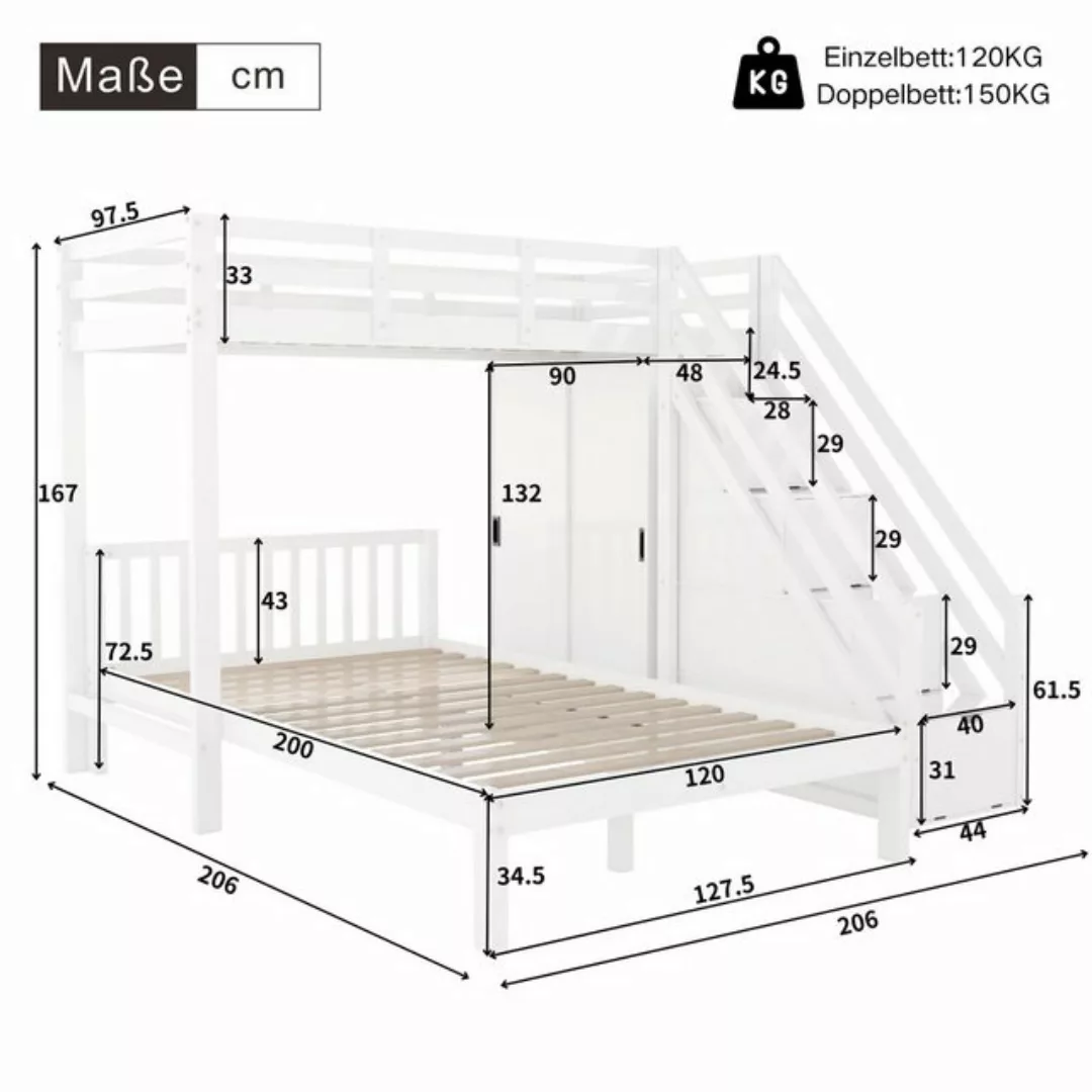 Flieks Etagenbett, Kinderbett 90x200cm+120x200cm mit Stauraumtreppe und Kle günstig online kaufen