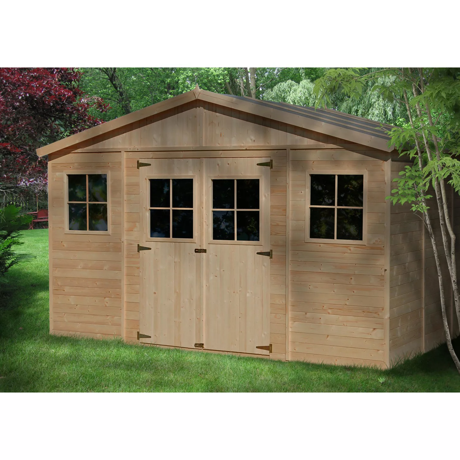 Timbela Gartenhaus Holz M331+M331G 11,91 m² mit Fenstern und Boden günstig online kaufen