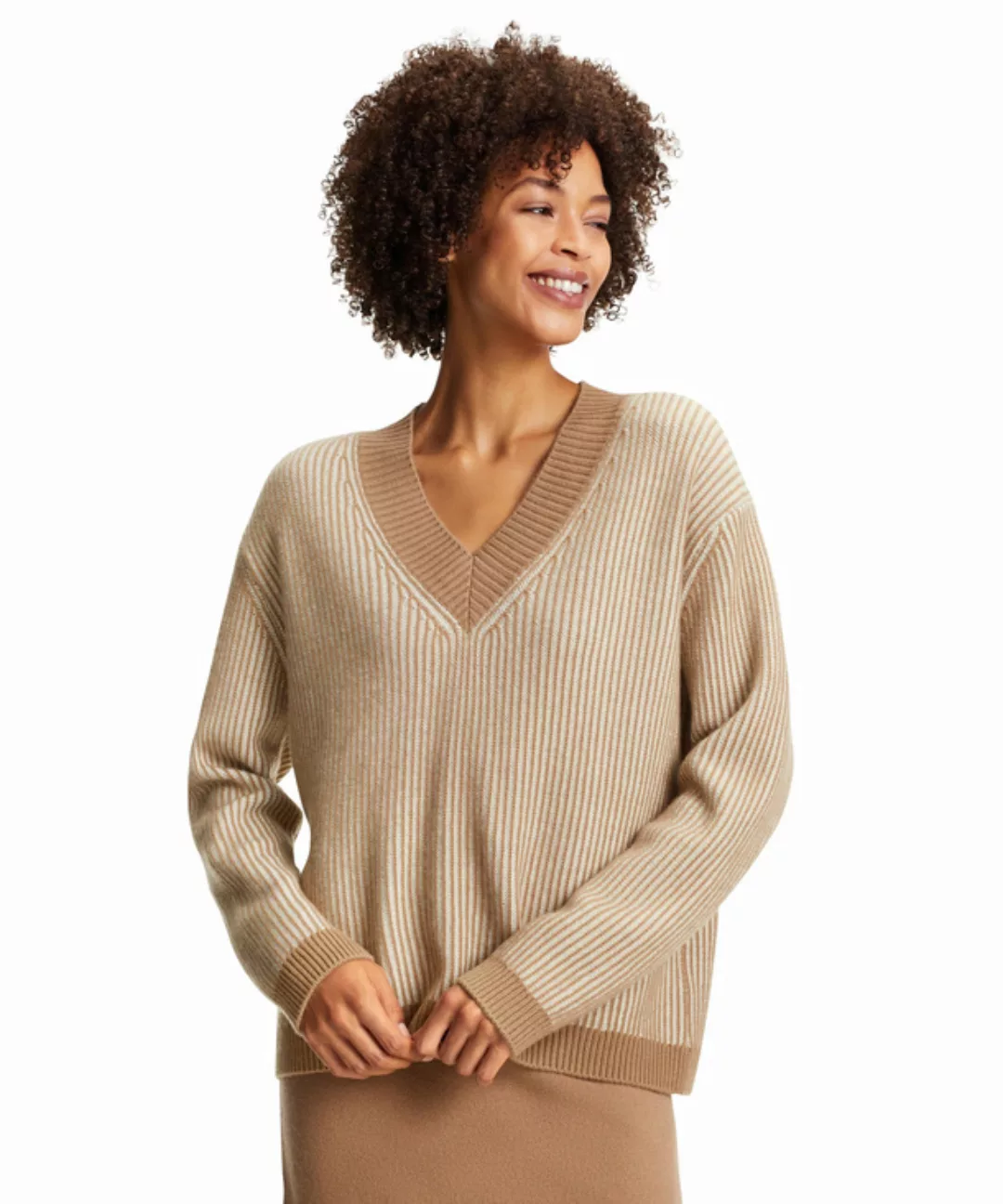 FALKE Damen Pullover V-Ausschnitt, XL, Beige, Rippe, Kaschmir, 64171-503805 günstig online kaufen