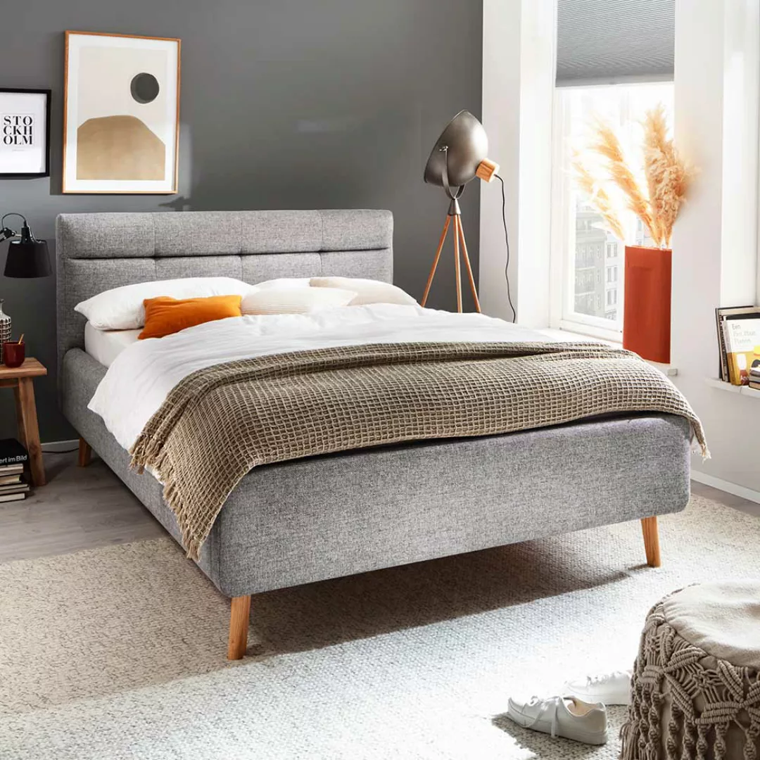 Gepolstertes Bett mit Stauraum in Grau Stoff Vierfußgestell aus Eiche günstig online kaufen
