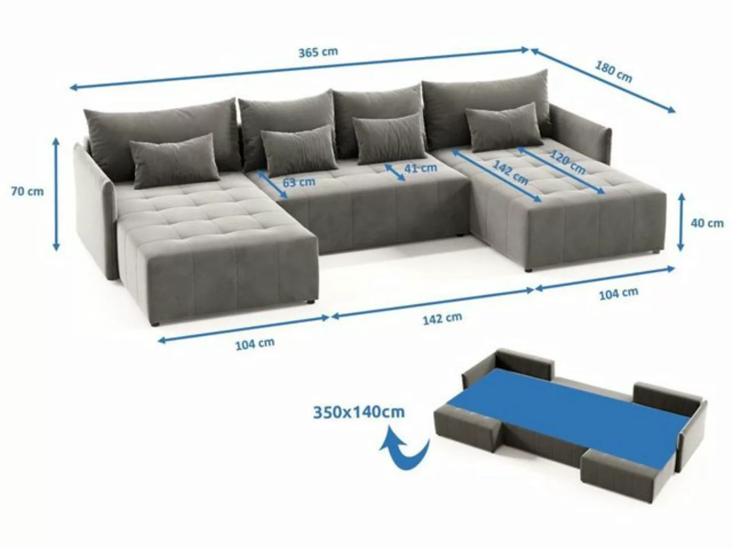 DB-Möbel Wohnlandschaft "Basic-U" in Blau, mit Schlaffunktion und Bettkaste günstig online kaufen