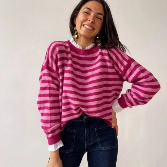 suebidou Rundhalspullover Wunderschöner Damen Pullover gestreift fuchsia/ro günstig online kaufen