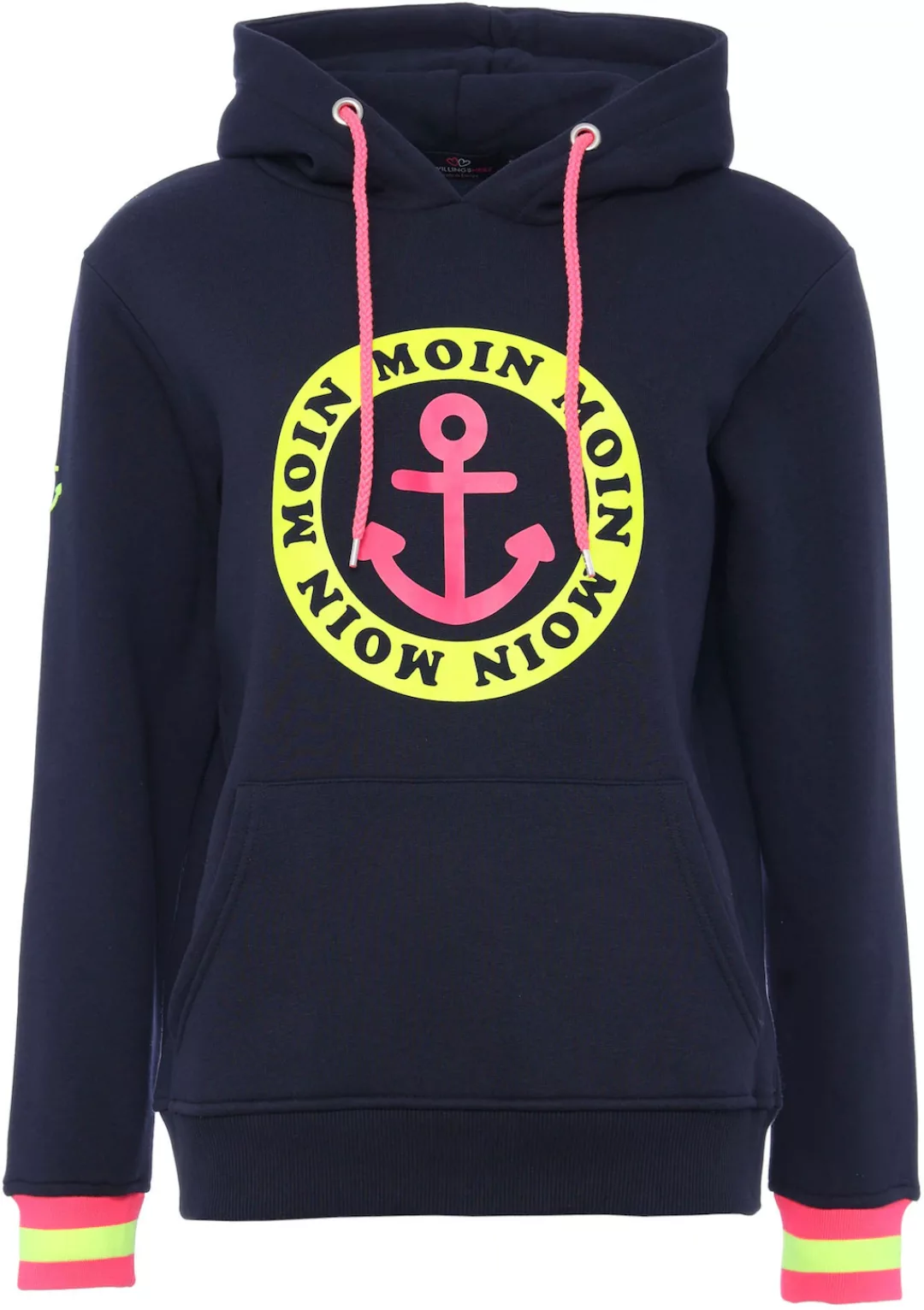 Zwillingsherz Hoodie, mit Aufschrift Moin und Anker in Neonfarben günstig online kaufen