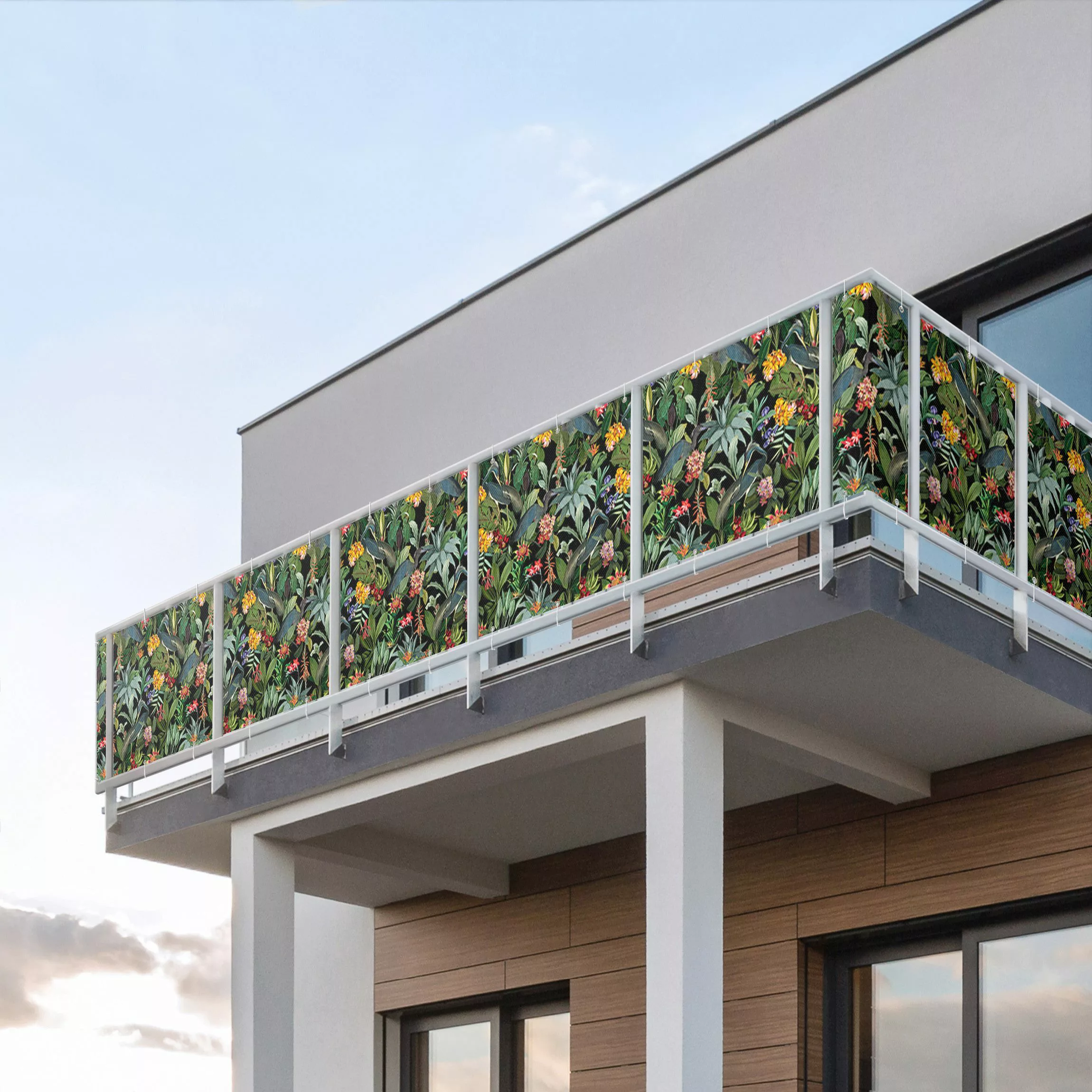 Balkon Sichtschutz Vögel mit Tropischen Blumen günstig online kaufen