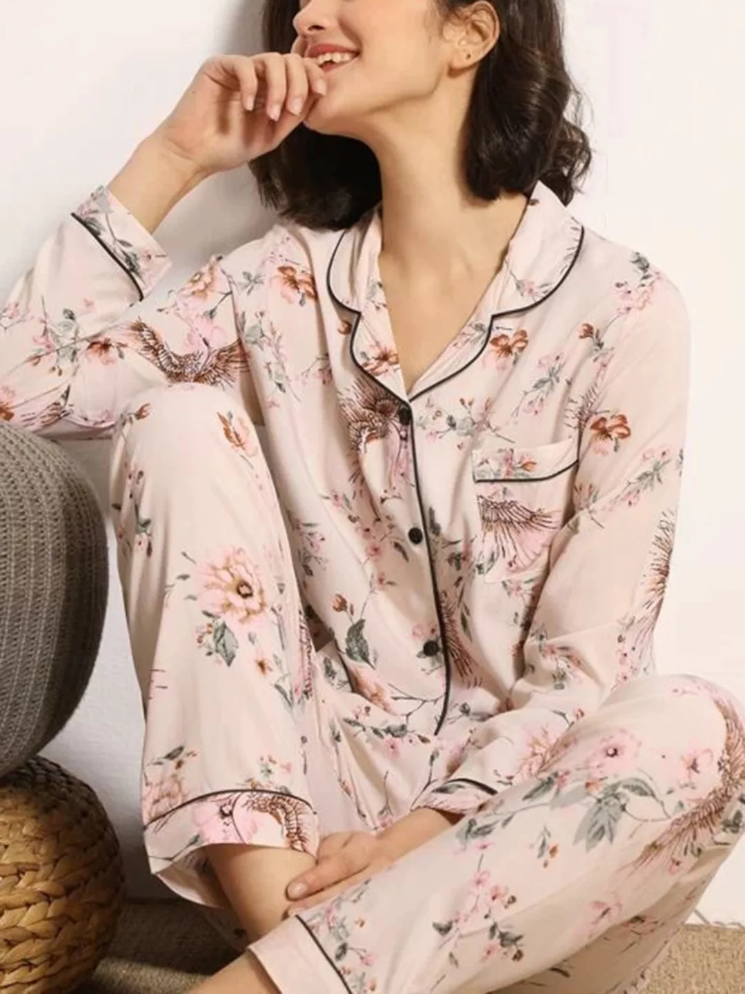Frauen Reverskragen Blumendruck Baumwolle Seide Homewear Langarm Dünne Pyja günstig online kaufen
