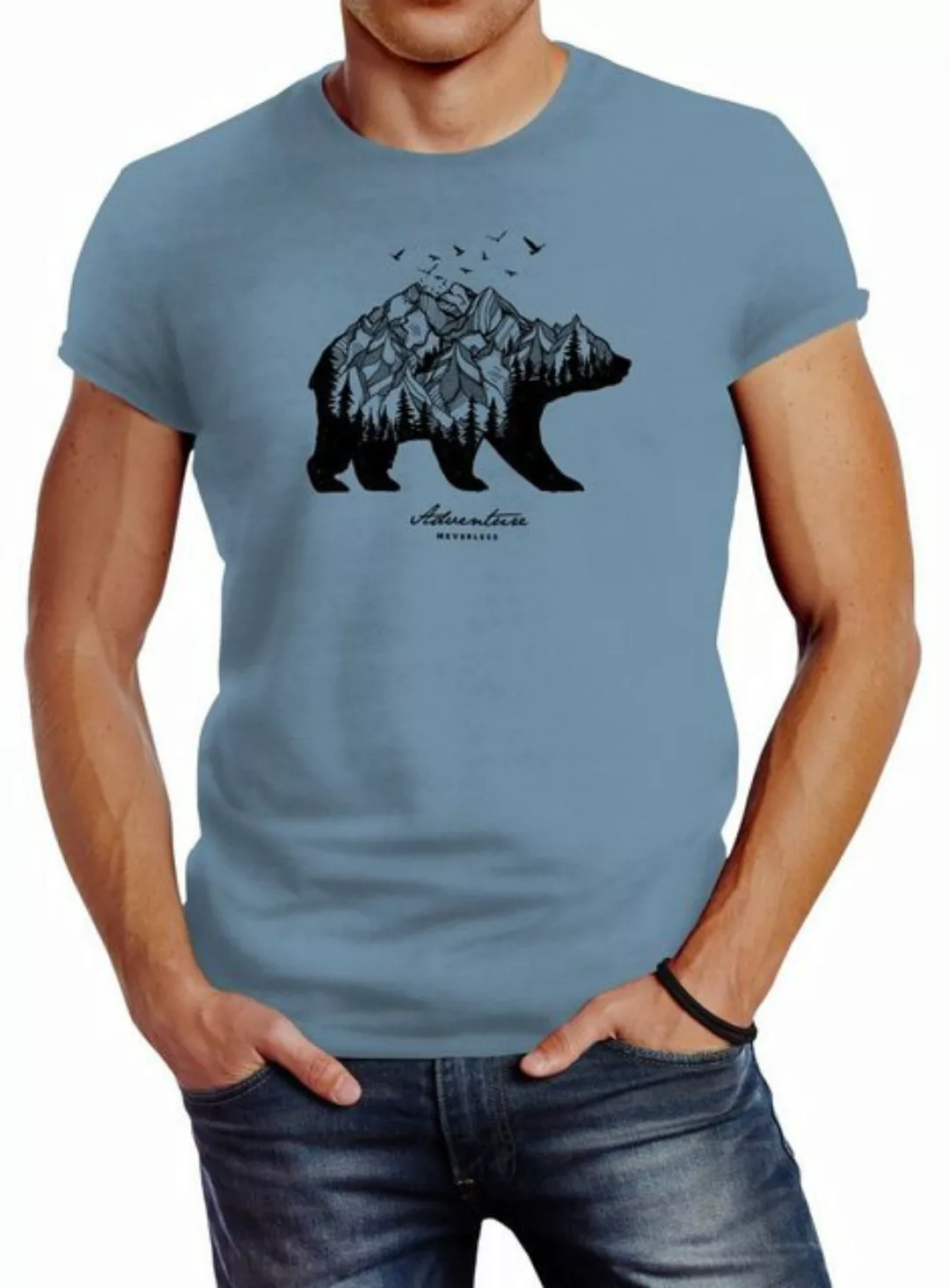 Neverless Print-Shirt Herren T-Shirt Bär Abenteuer Berge Wald Bear Mountain günstig online kaufen