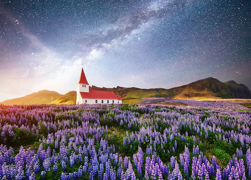 Papermoon Fototapete »BLUMEN-WIESE-FELD ISLAND KIRCHE STERNE HIMMEL BERGE« günstig online kaufen