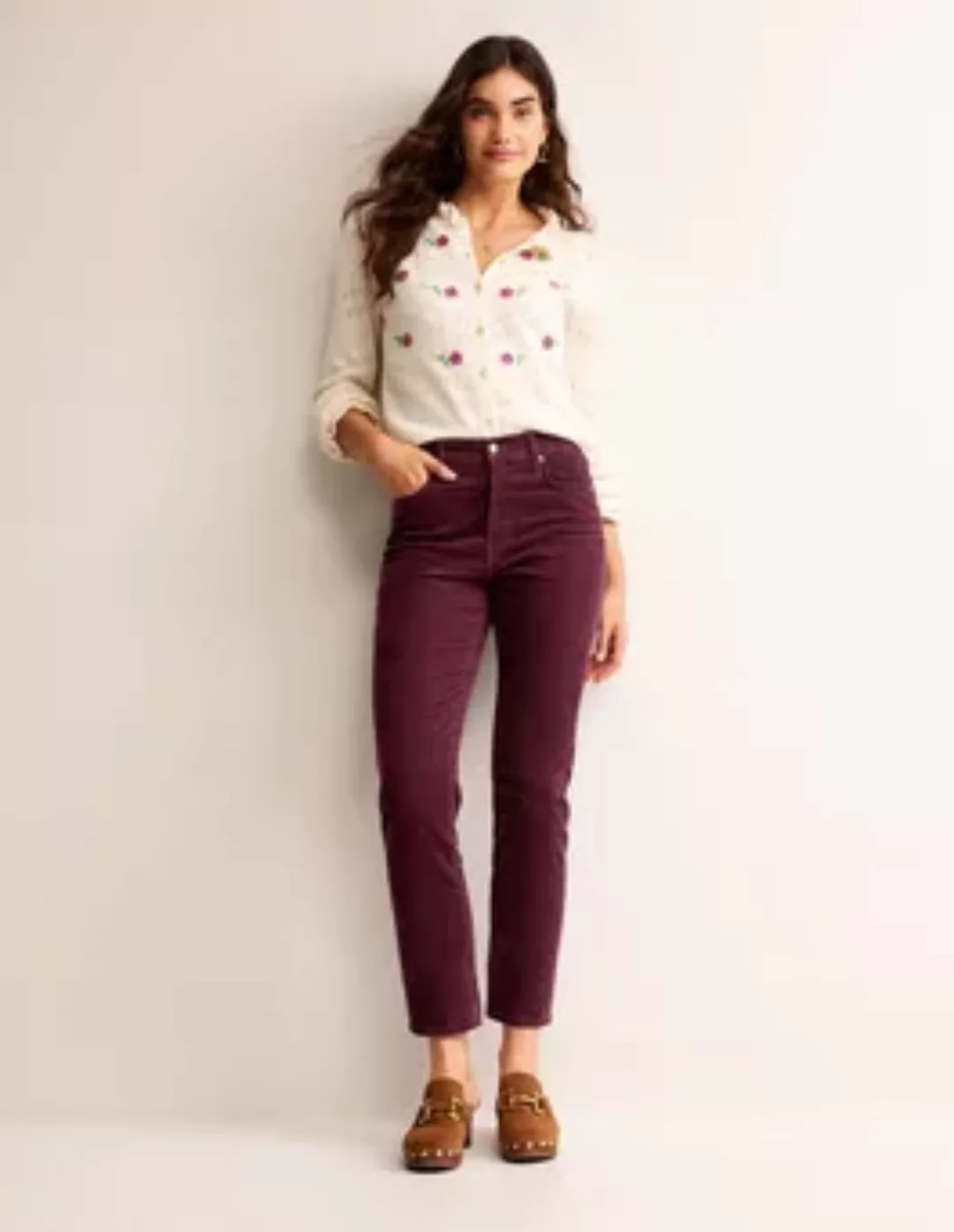Schmale Cord-Jeans mit geradem Bein Damen Boden, Dunkles Burgunderrot günstig online kaufen