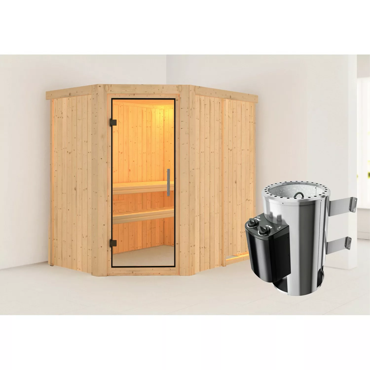 Karibu Sauna Silva mit Ofen integrierte Stg.Natur günstig online kaufen