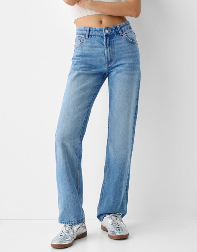 Bershka Straight Fit Jeans Damen 34 Ausgewaschenes Blau günstig online kaufen