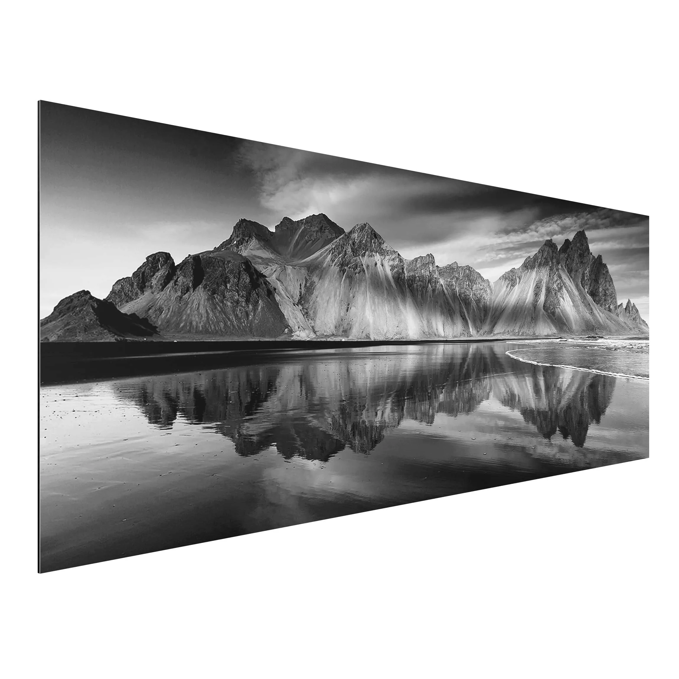 Alu-Dibond Bild Schwarz-Weiß - Panorama Vesturhorn in Island günstig online kaufen