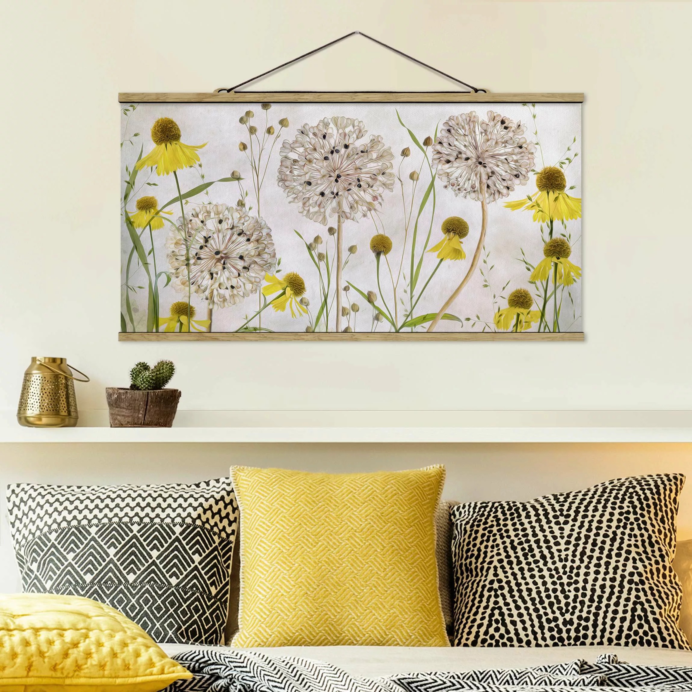 Stoffbild Blumen mit Posterleisten - Querformat Allium und Helenium Illustr günstig online kaufen