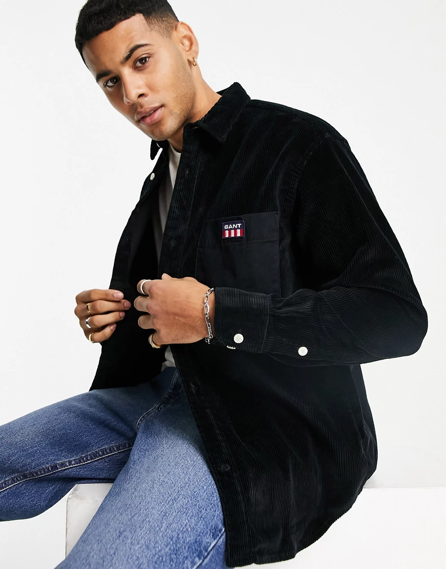 Gant – Lockeres Hemd aus grobem Cord in Schwarz mit Etikett-Logo günstig online kaufen