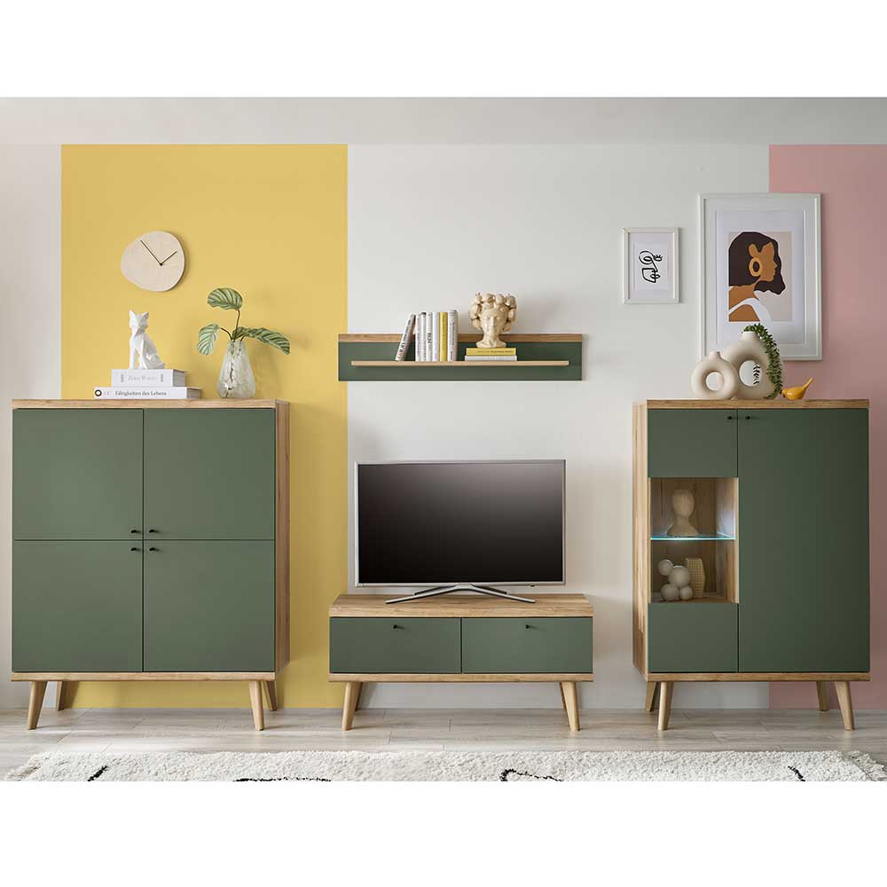 Wohnwand niedrig im Skandi Design Graugrün & Wildeichefarben (vierteilig) günstig online kaufen