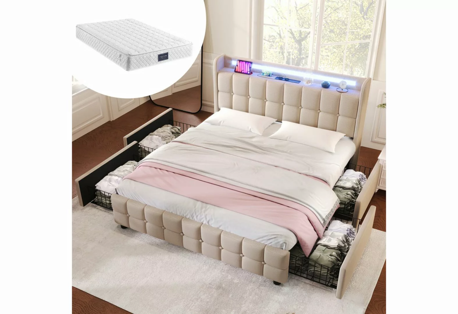 MODFU Polsterbett LED-Bett (mit aufladen USB Ladefunktion LED-Beleuchtung u günstig online kaufen