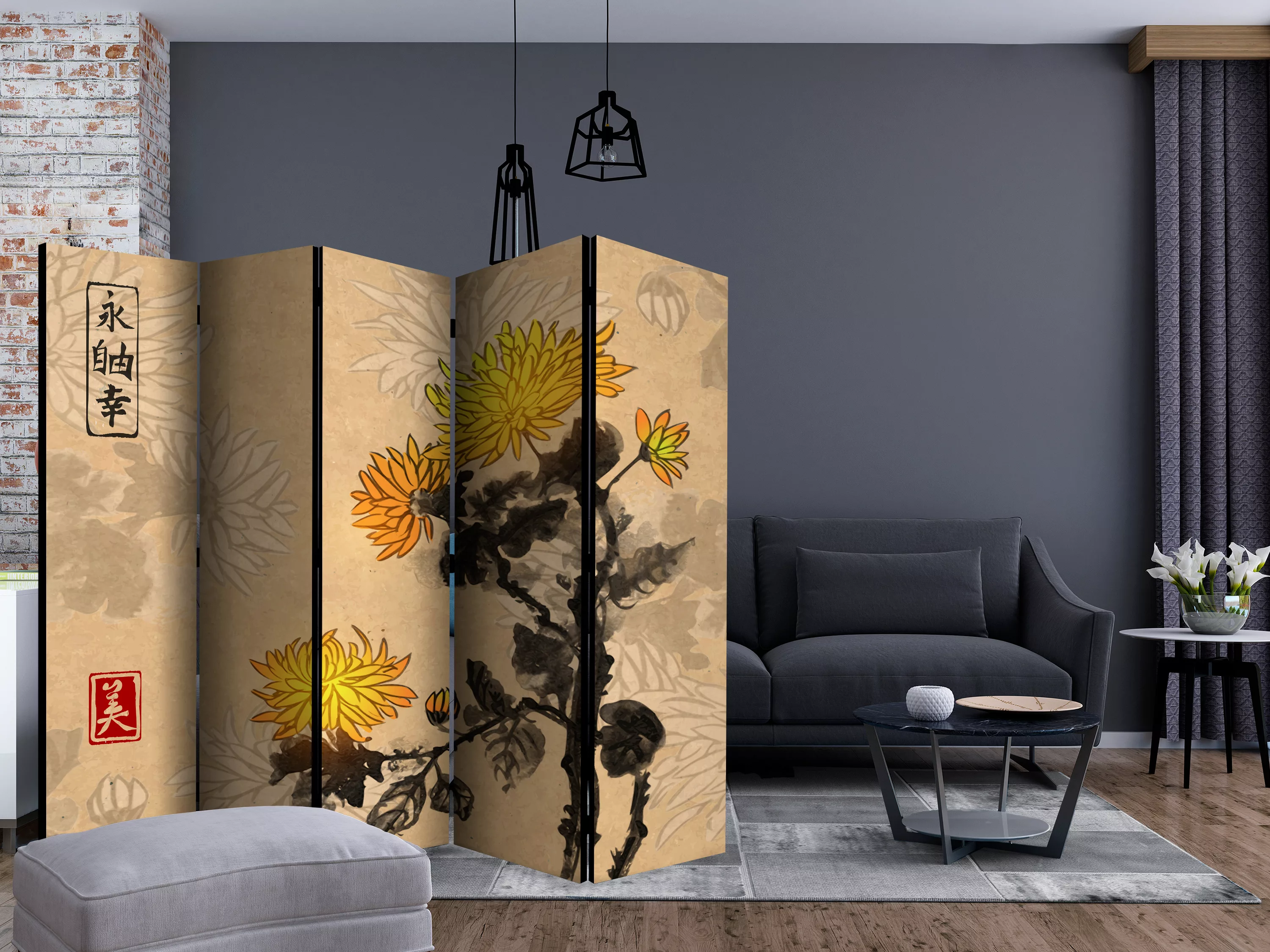 5-teiliges Paravent - Chrysanthemums Ii [room Dividers] günstig online kaufen