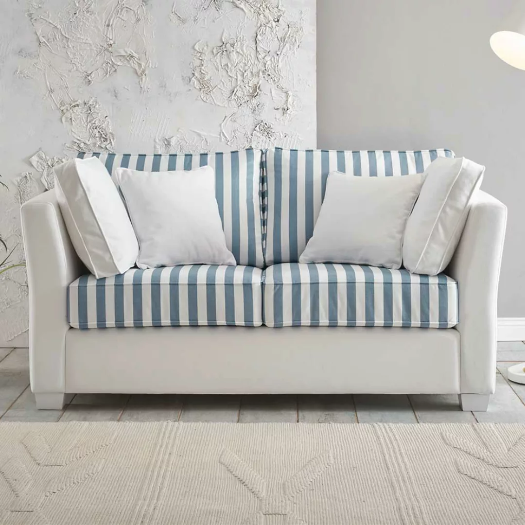 Zweisitzer Sofa gestreift in Blau und Weiß Microfaser und Holz günstig online kaufen
